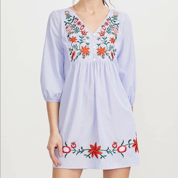 SHEIN Striped Button Front Lantern Sleeve Embroidered Dress - Picture 3 of 3